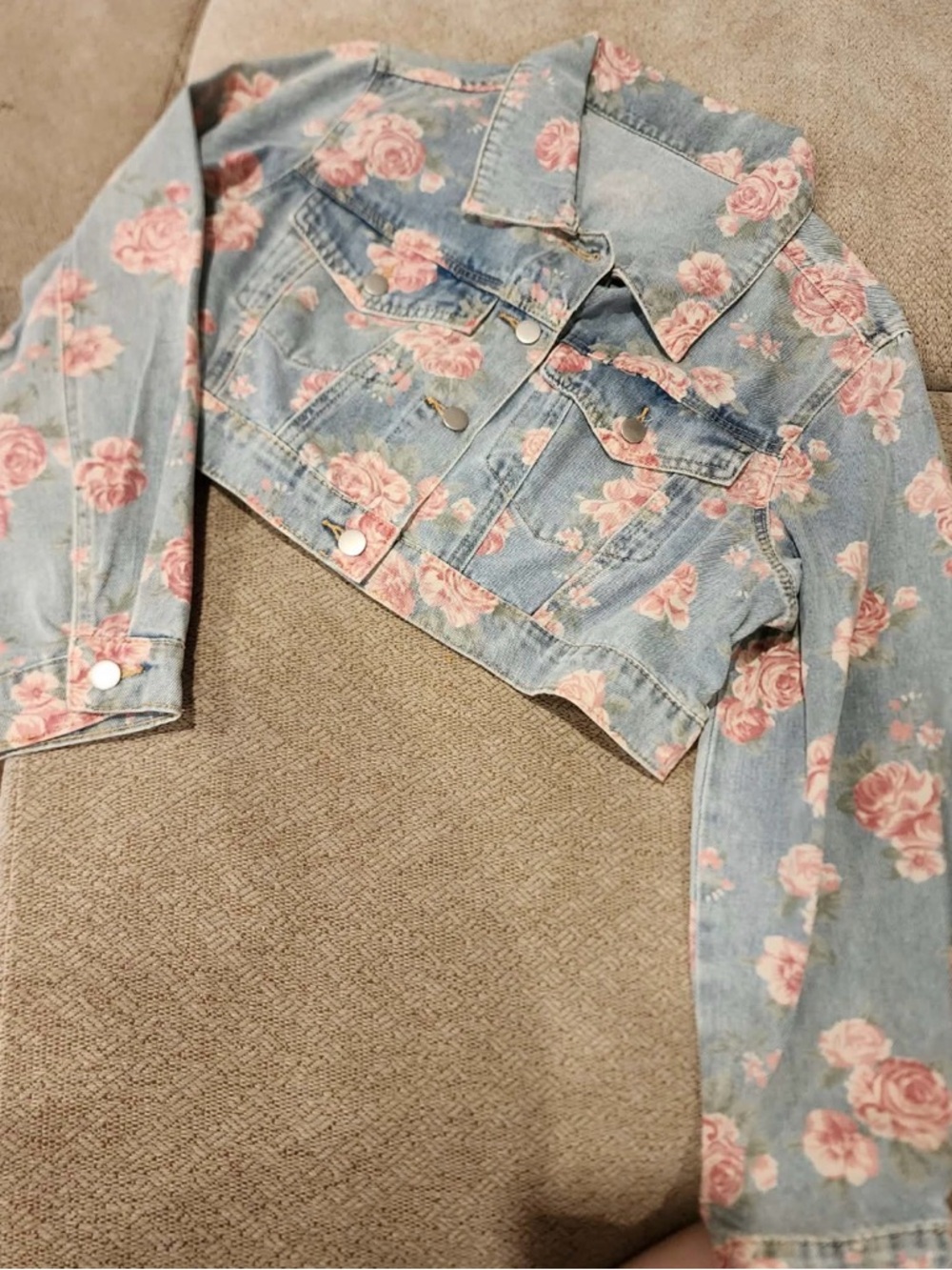 SHEIN Light Blue Denim Jacket with Pink Rose Print